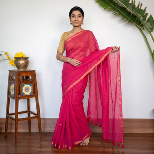 Pink Bengal Zari Border Pure Mul Cotton Saree with Sequin Work, draped and worn by a woman, AI visual of the saree, iTokri
