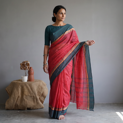 Red Bengali Tant Saree with Matching Jewellery & Blouse, draped and worn by a woman, AI visual of the saree, iTokri