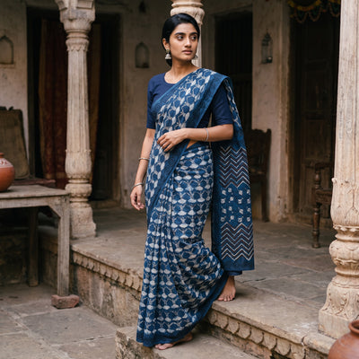 Blue Bindaas Art Block Printed Natural Dyed Cotton Saree, draped and worn by a woman, AI visual of the saree, iTokri