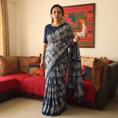 Blue Bindaas Art Natural Dyed Cotton Block Print Saree, draped and worn by a woman, AI visual of the saree, iTokri
