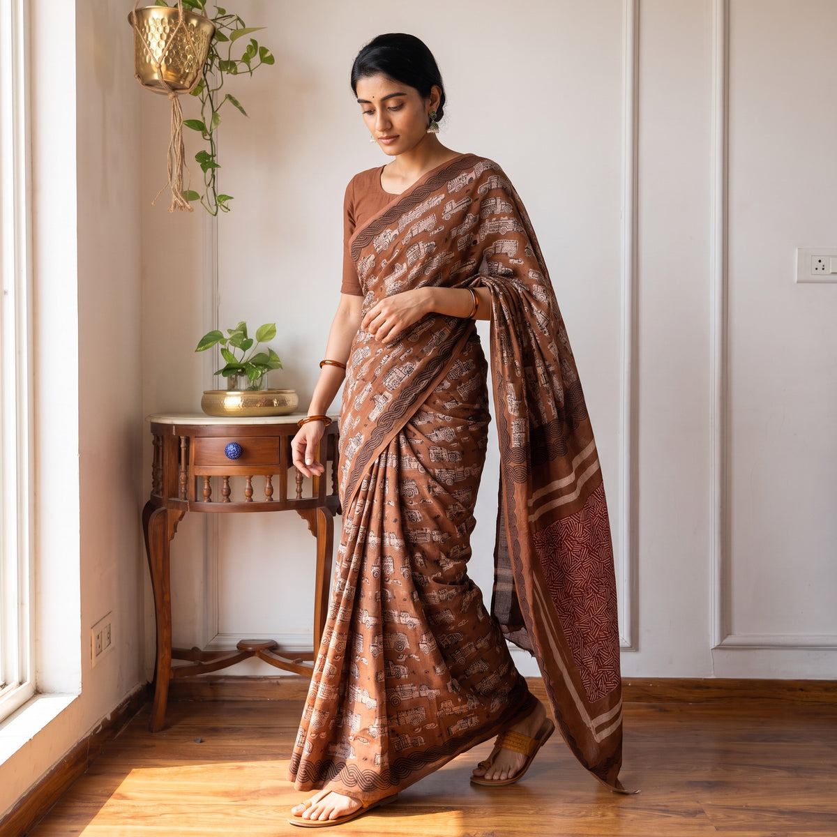 Brown Bindaas Art Natural Dyed Cotton Block Print Saree, draped and worn by a woman, AI visual of the saree, iTokri