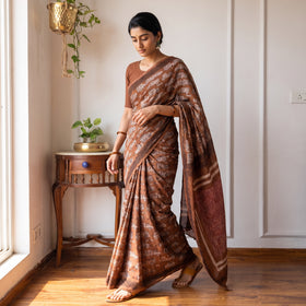 Brown Bindaas Art Natural Dyed Cotton Block Print Saree, draped and worn by a woman, AI visual of the saree, iTokri
