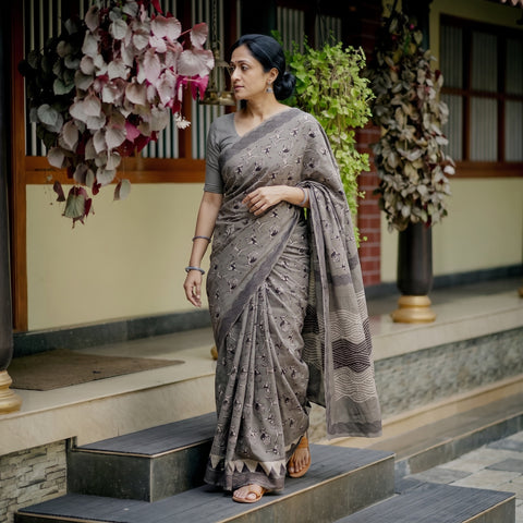 Grey Bindaas Art Natural Dyed Cotton Block Print Saree, draped and worn by a woman, AI visual of the saree, iTokri