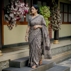 Grey Bindaas Art Natural Dyed Cotton Block Print Saree, draped and worn by a woman, AI visual of the saree, iTokri