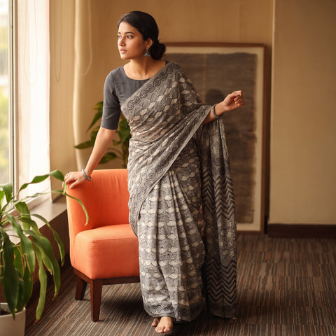 Grey Bindaas Art Natural Dyed Cotton Block Print Saree, draped and worn by a woman, AI visual of the saree, iTokri