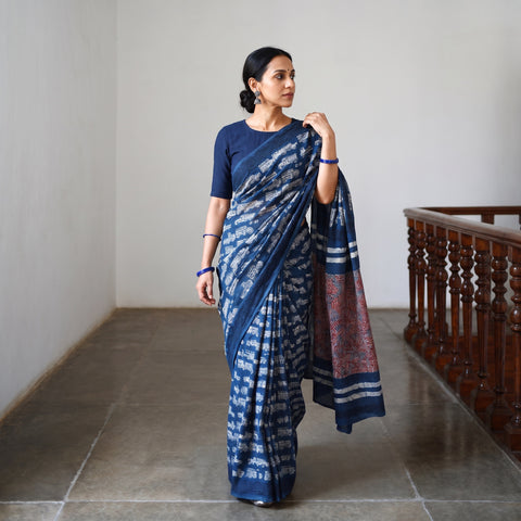 Blue Bindaas Art Natural Dyed Cotton Block Print Saree, draped and worn by a woman, AI visual of the saree, iTokri