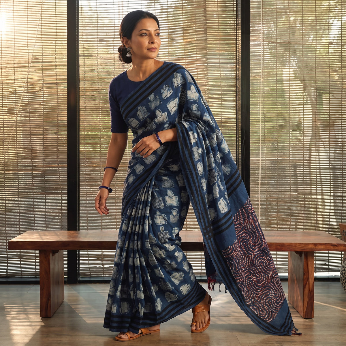 Blue Bindaas Art Natural Dyed Cotton Block Print Saree, draped and worn by a woman, AI visual of the saree, iTokri