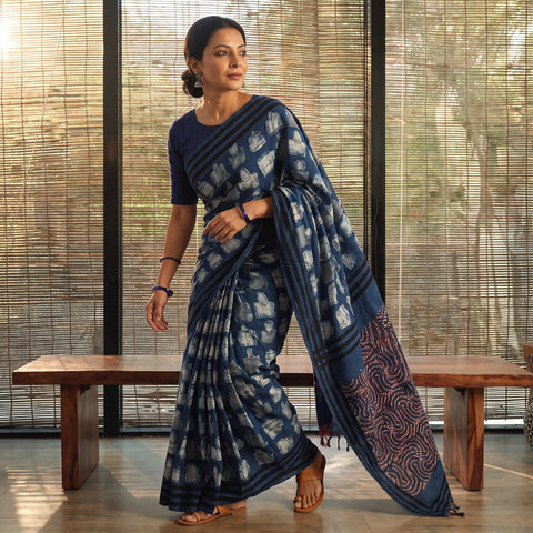 Blue Bindaas Art Natural Dyed Cotton Block Print Saree, draped and worn by a woman, AI visual of the saree, iTokri