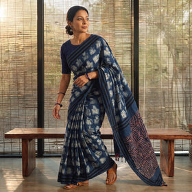 Blue Bindaas Art Natural Dyed Cotton Block Print Saree, draped and worn by a woman, AI visual of the saree, iTokri
