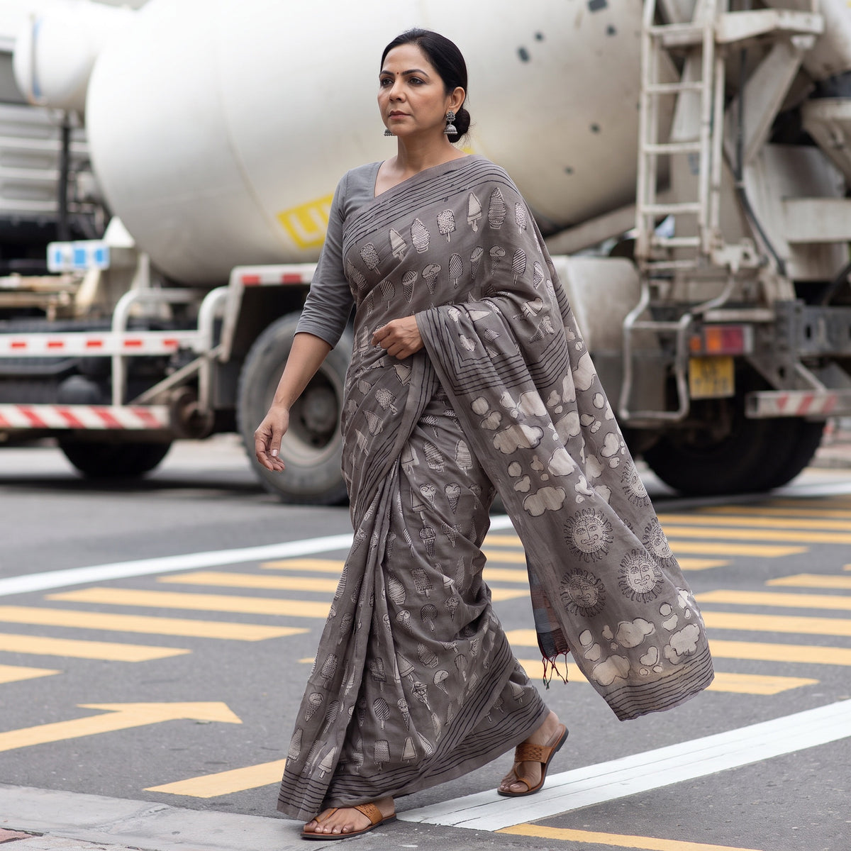 Grey Bindaas Art Natural Dyed Cotton Block Print Saree, draped and worn by a woman, AI visual of the saree, iTokri