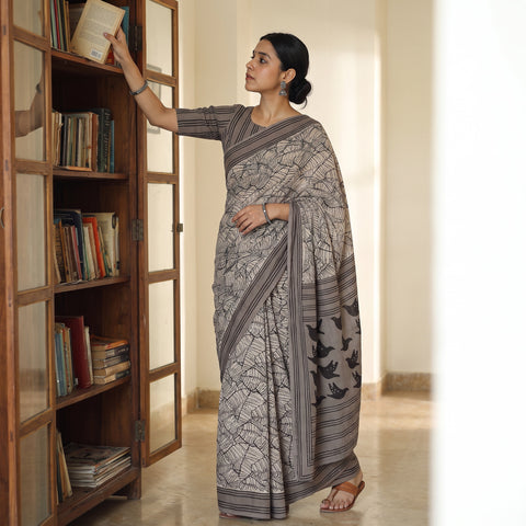 Grey Bindaas Art Natural Dyed Cotton Block Print Saree, draped and worn by a woman, AI visual of the saree, iTokri