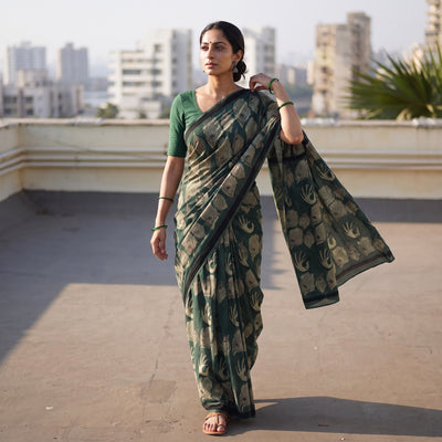 Green Bindaas Art Natural Dyed Cotton Block Print Saree, draped and worn by a woman, AI visual of the saree, iTokri