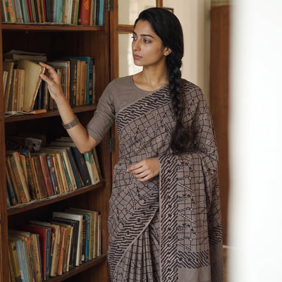 Brown Bindaas Art Natural Dyed Cotton Block Print Saree, draped and worn by a woman, AI visual of the saree, iTokri