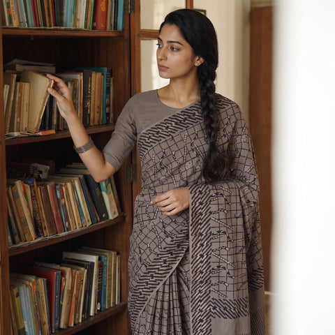 Brown Bindaas Art Natural Dyed Cotton Block Print Saree, draped and worn by a woman, AI visual of the saree, iTokri