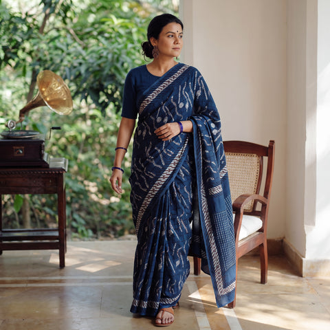 Blue Bindaas Art Natural Dyed Cotton Block Print Saree, draped and worn by a woman, AI visual of the saree, iTokri