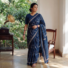 Blue Bindaas Art Natural Dyed Cotton Block Print Saree, draped and worn by a woman, AI visual of the saree, iTokri