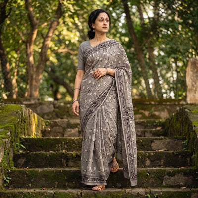 Grey Bindaas Art Natural Dyed Cotton Block Print Saree, draped and worn by a woman, AI visual of the saree, iTokri