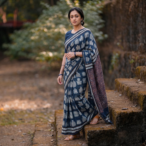 Blue Bindaas Art Natural Dyed Cotton Block Print Saree, draped and worn by a woman, AI visual of the saree, iTokri
