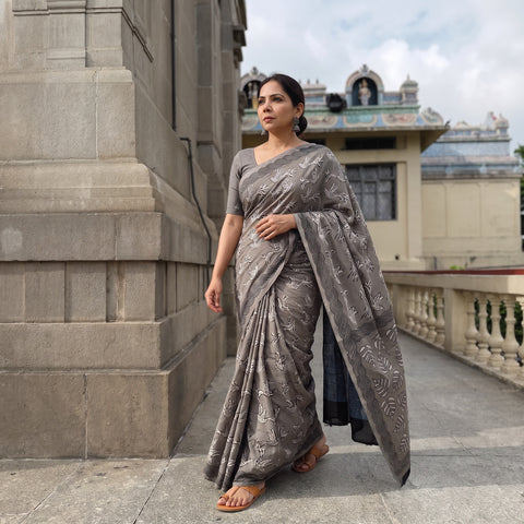 Grey Bindaas Art Natural Dyed Cotton Block Print Saree, draped and worn by a woman, AI visual of the saree, iTokri