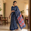 Blue Bindaas Art Natural Dyed Cotton Block Print Saree, draped and worn by a woman, AI visual of the saree, iTokri