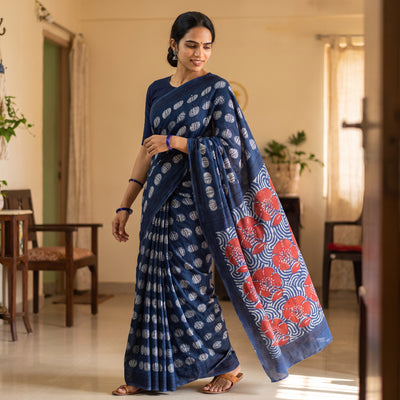 Blue Bindaas Art Natural Dyed Cotton Block Print Saree, draped and worn by a woman, AI visual of the saree, iTokri