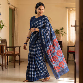 Blue Bindaas Art Natural Dyed Cotton Block Print Saree, draped and worn by a woman, AI visual of the saree, iTokri
