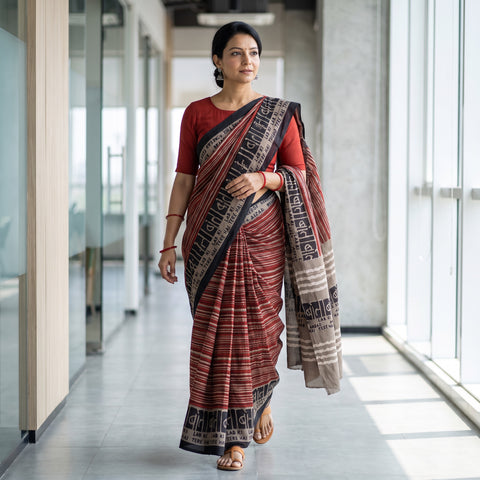 Brown Bindaas Art Natural Dyed Cotton Block Print Saree, draped and worn by a woman, AI visual of the saree, iTokri