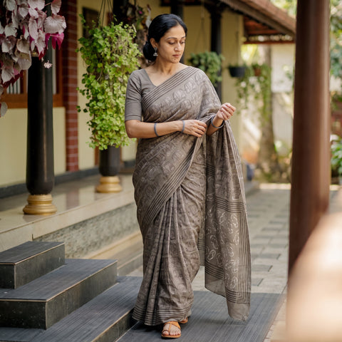 Brown Bindaas Art Natural Dyed Cotton Block Print Saree, draped and worn by a woman, AI visual of the saree, iTokri