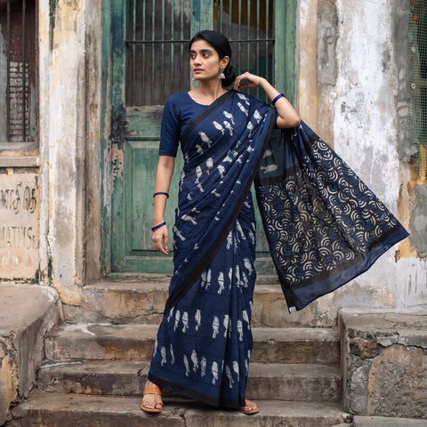 Blue Bindaas Art Natural Dyed Cotton Block Print Saree, draped and worn by a woman, AI visual of the saree, iTokri