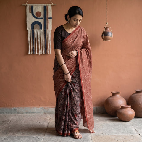 Maroon Bindaas Art Natural Dyed Cotton Block Print Saree, draped and worn by a woman, AI visual of the saree, iTokri