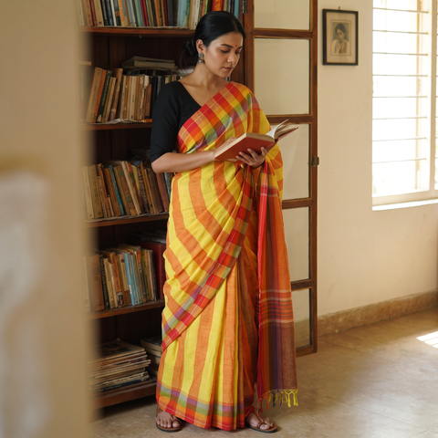 Orange Birbhum Handloom Gamchha Pure Cotton Saree, draped and worn by a woman, AI visual of the saree, iTokri