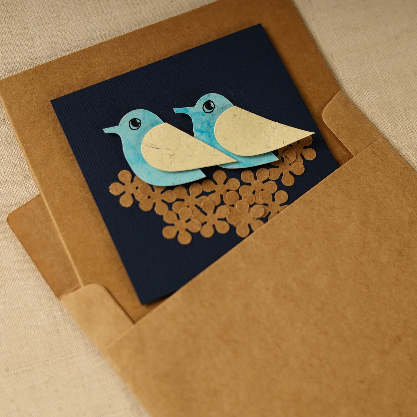 Birds On Flowers - Handmade Paper Greeting Card