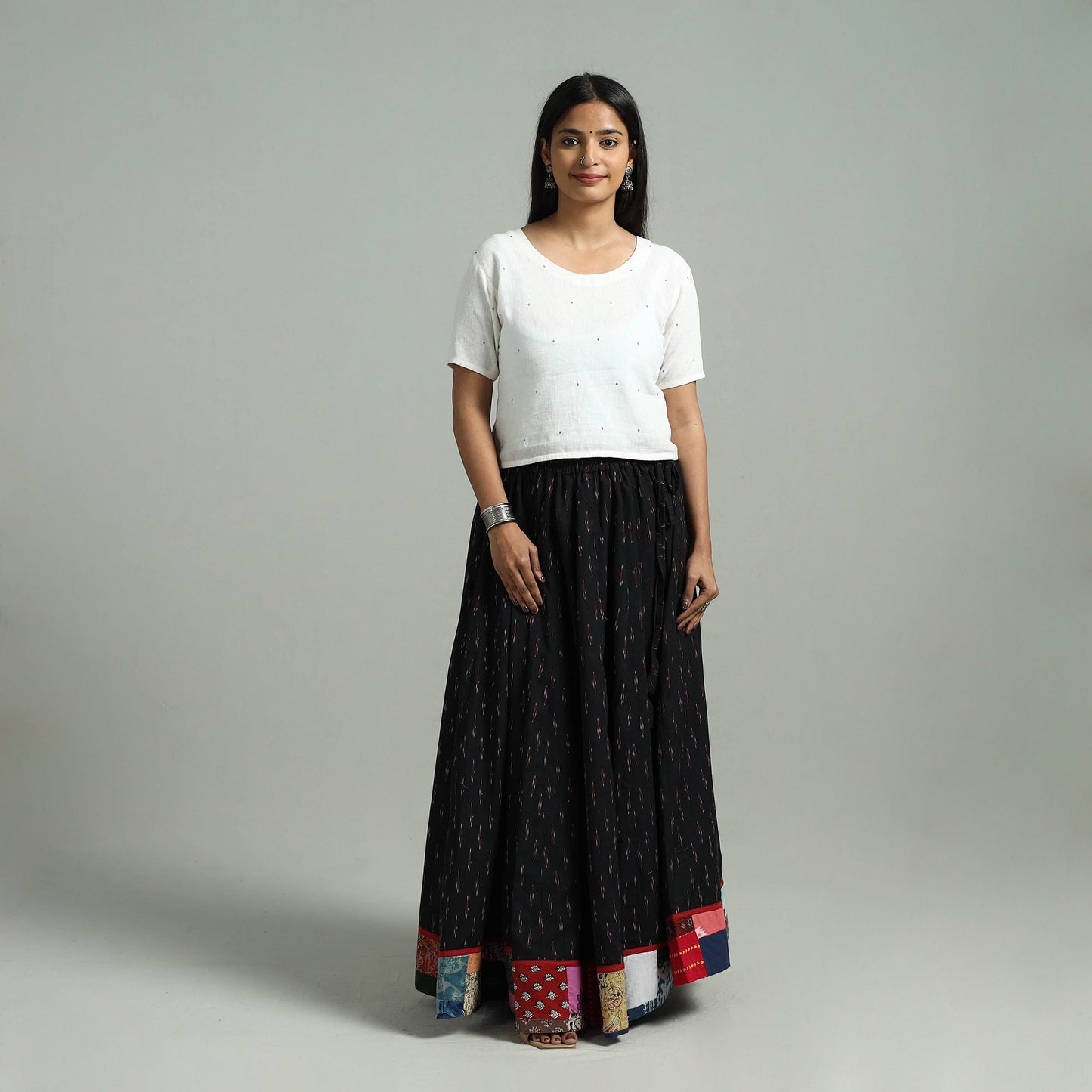 Black - 24 Kali Patchwork Cotton Pochampally Ikat Skirt 39