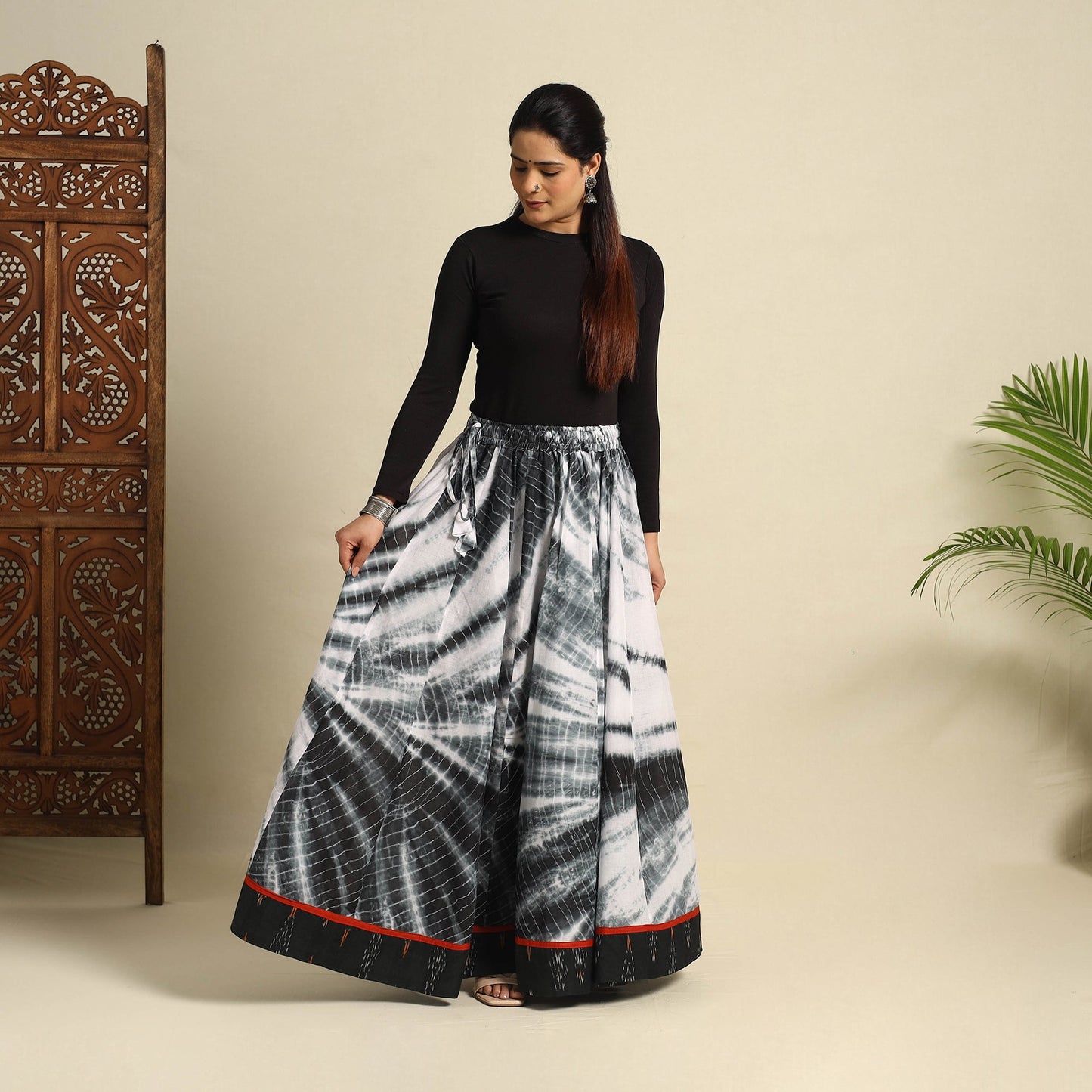 Buy 24 Kali Black Patchwork Cotton Long Shibori Tie-Dye Skirt