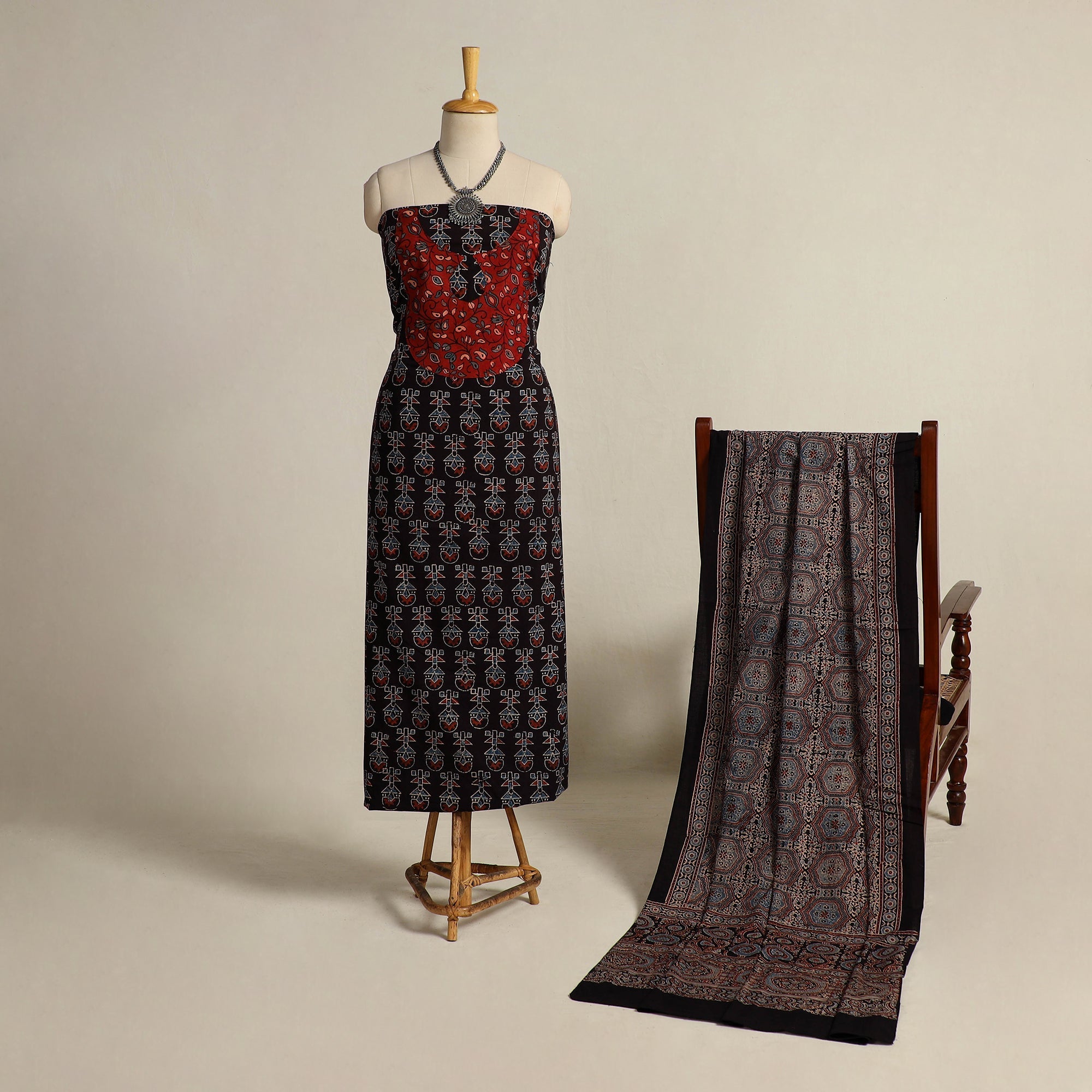 Black 2pc Block Print Natural Dyed Ajrakh Dress Material Suit Set