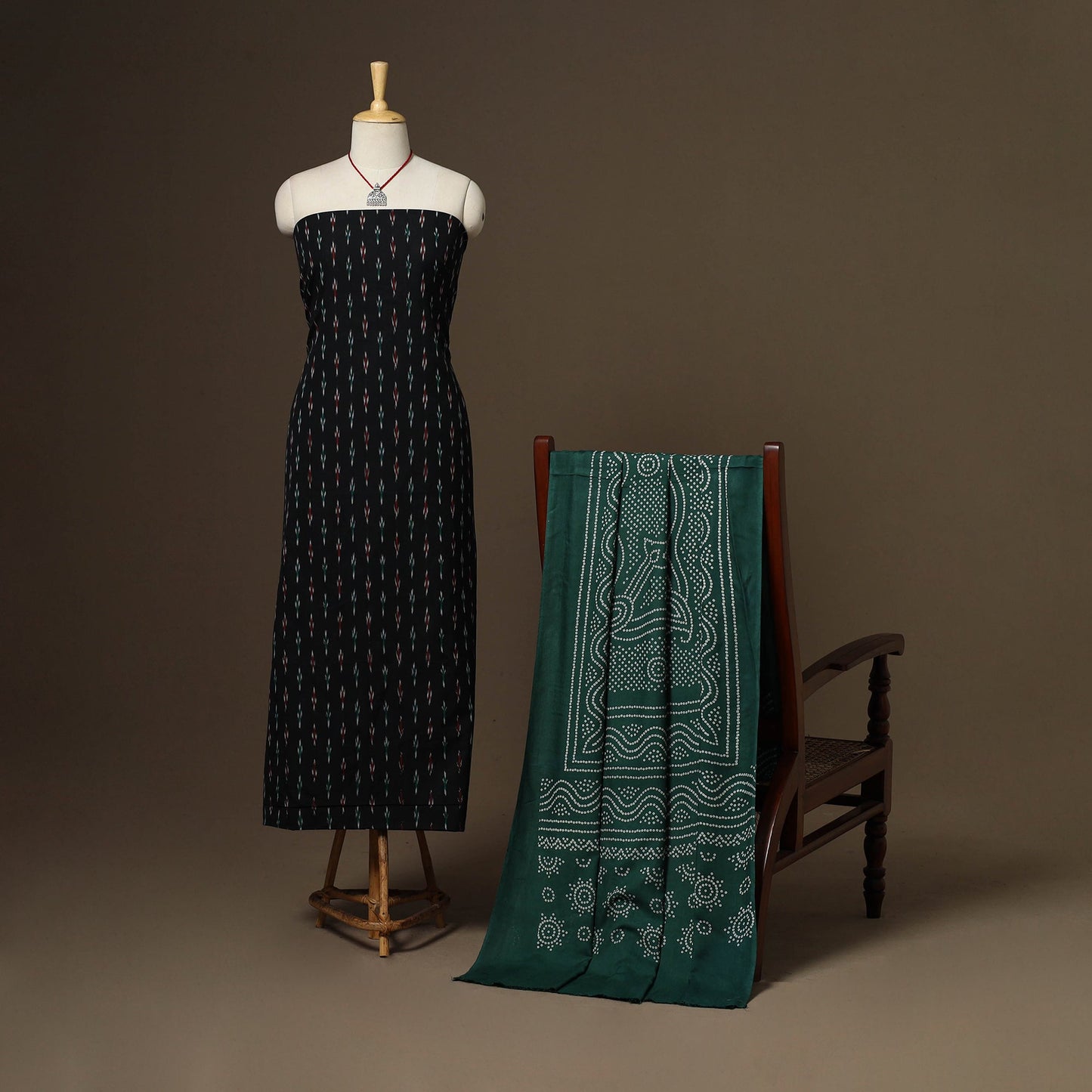 Black - 2pc cotton unstitched pochampally ikat dress