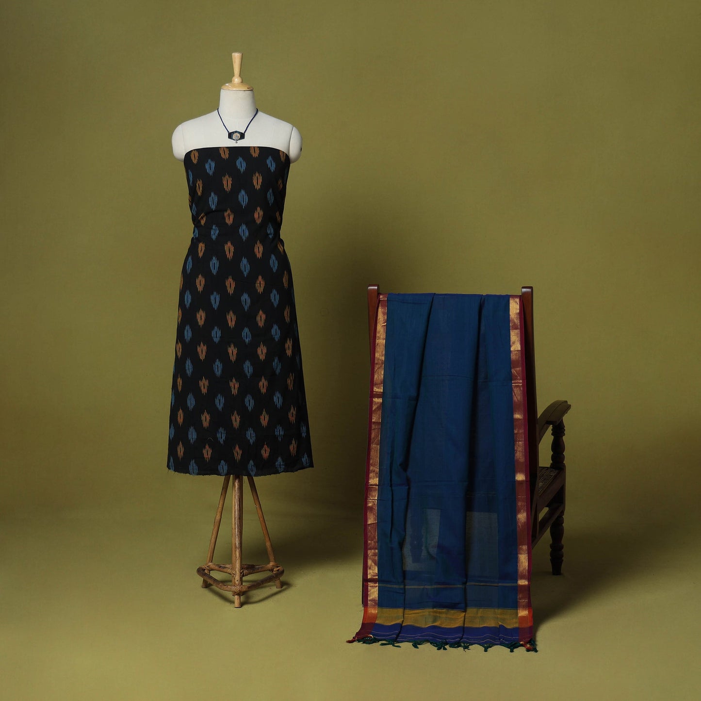 Black - 2pc cotton unstitched pochampally ikat dress