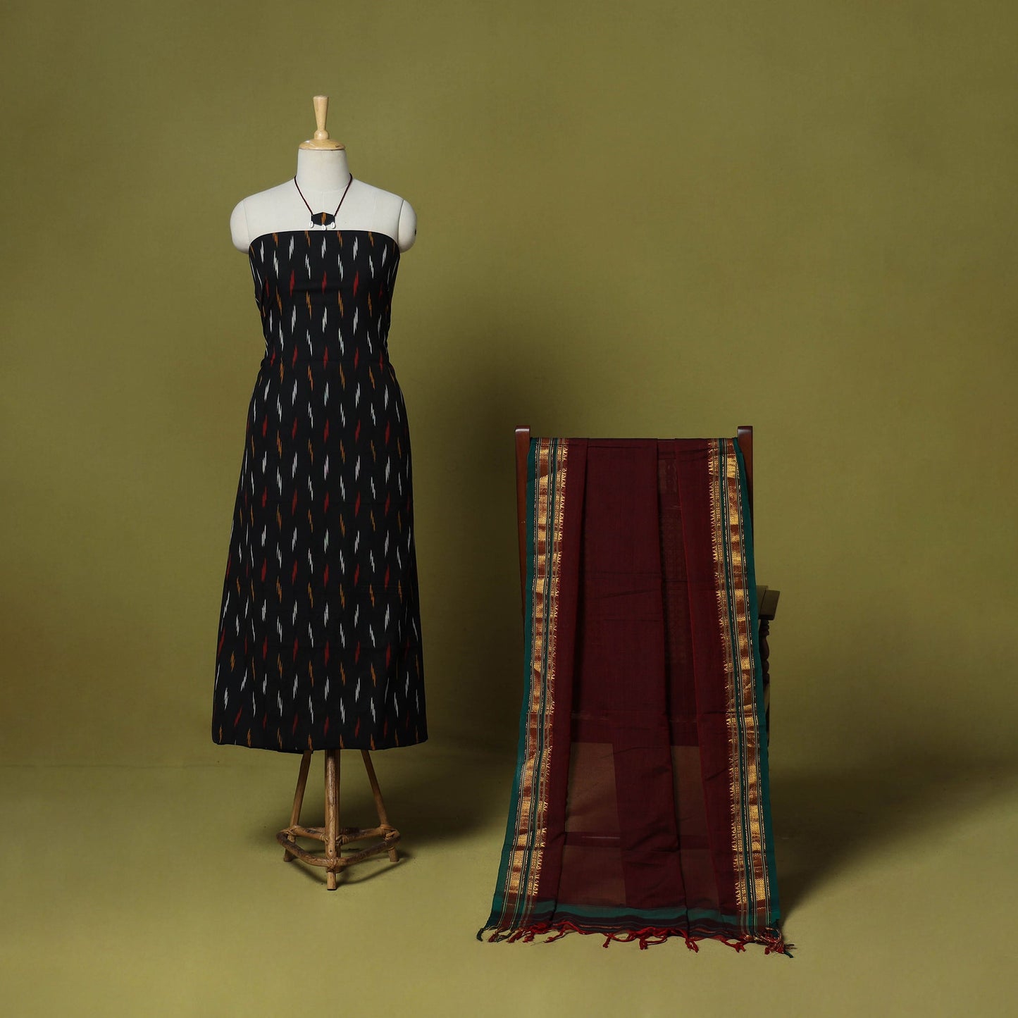 Black - 2pc cotton unstitched pochampally ikat dress