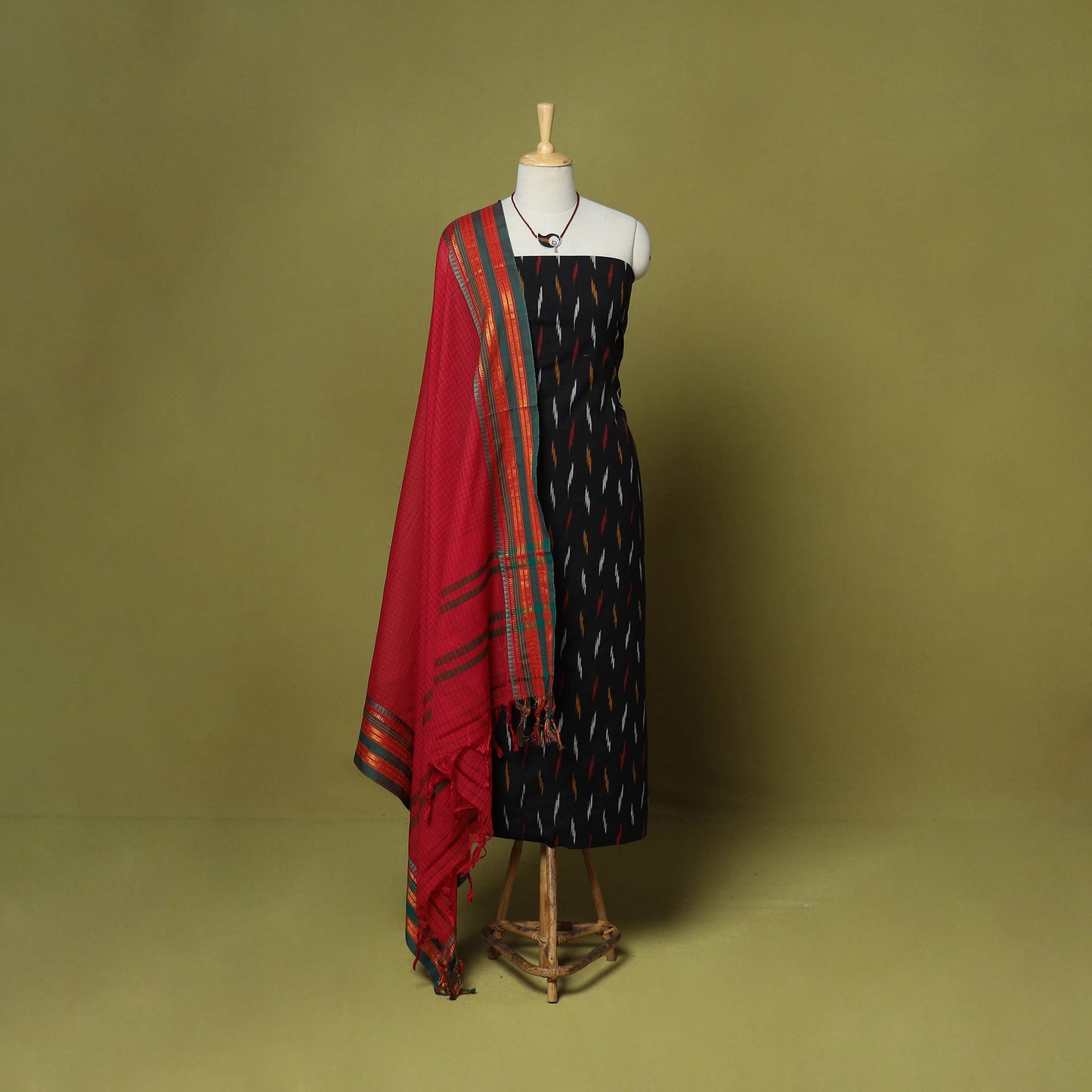 Black - 2pc cotton unstitched pochampally ikat dress