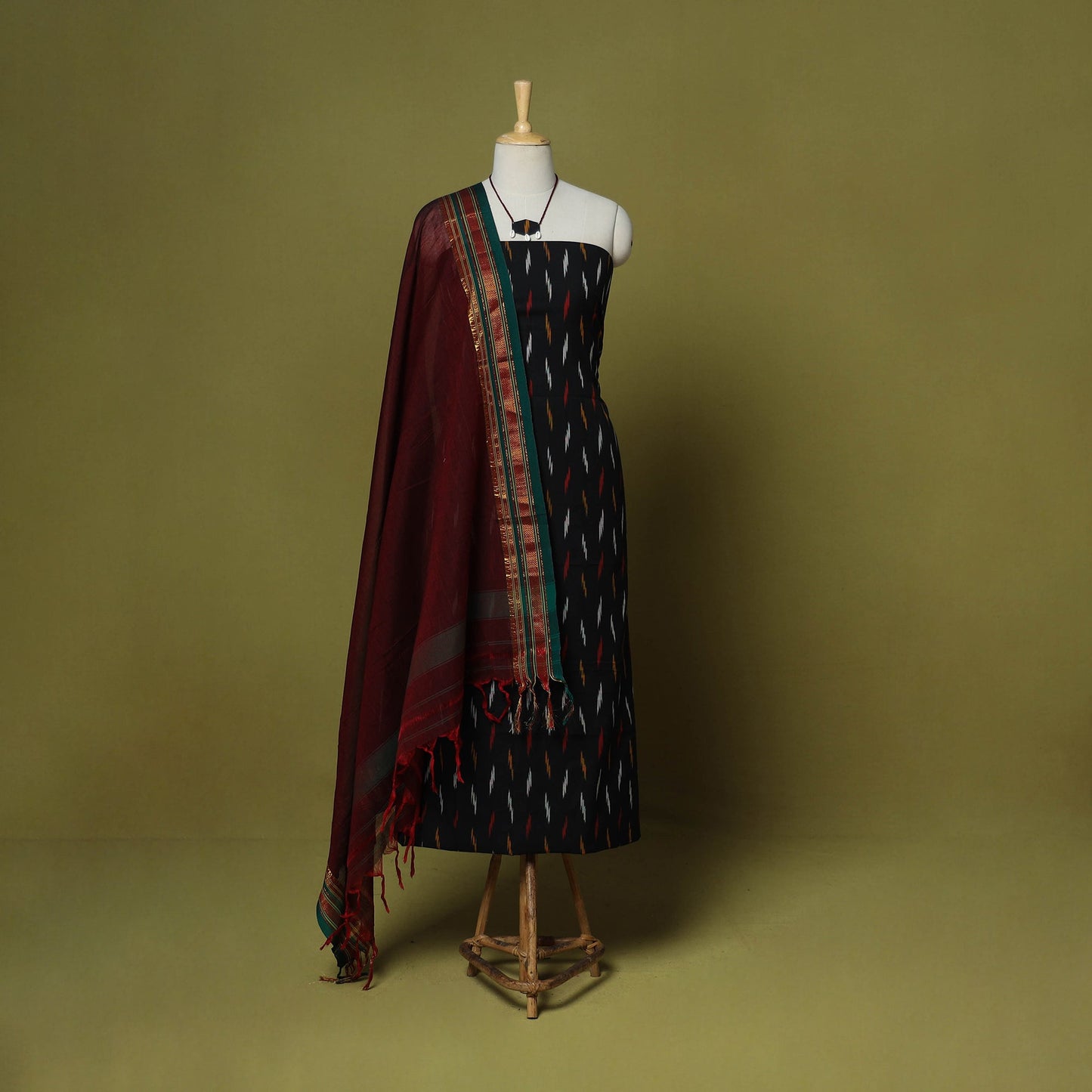 Black - 2pc cotton unstitched pochampally ikat dress