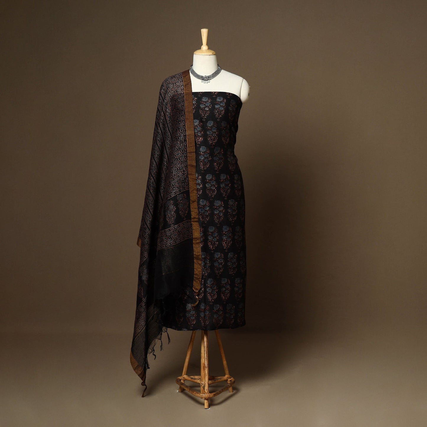 Black - 2pc linen silk natural dyed unstitched dress