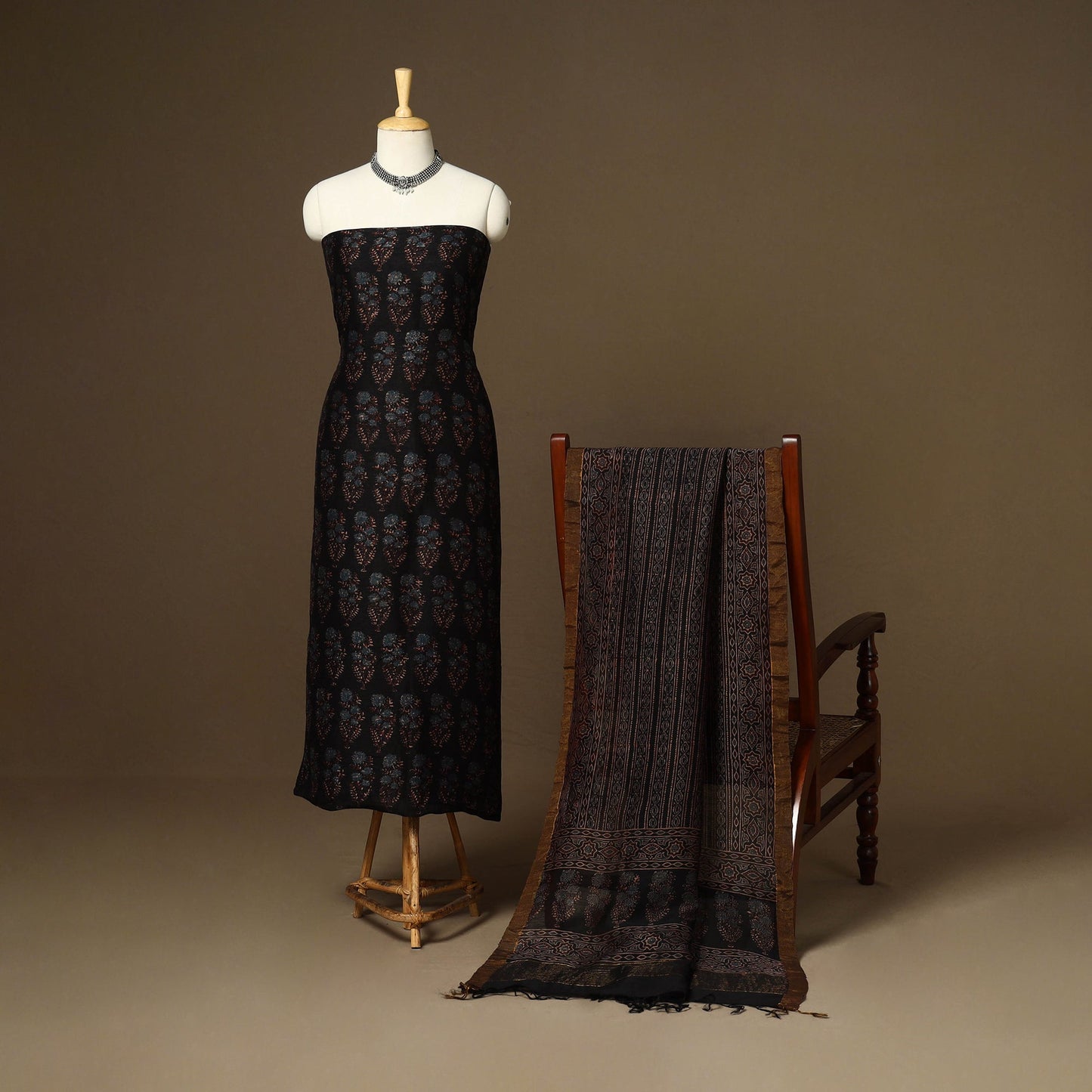 Black - 2pc linen silk natural dyed unstitched dress