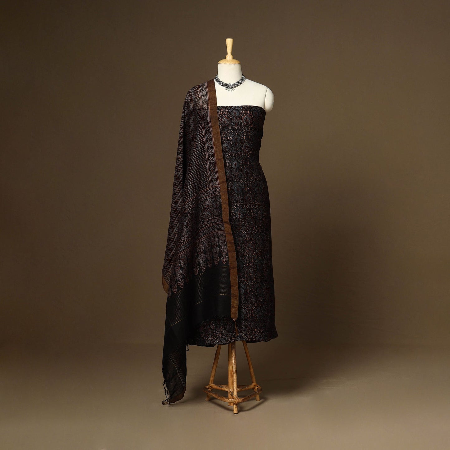 Black - 2pc linen silk natural dyed unstitched dress