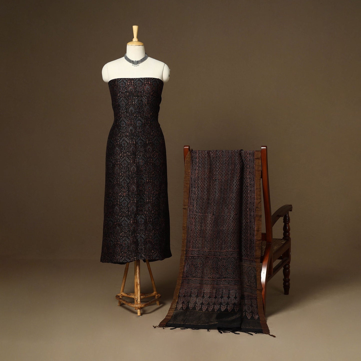 Black - 2pc linen silk natural dyed unstitched dress