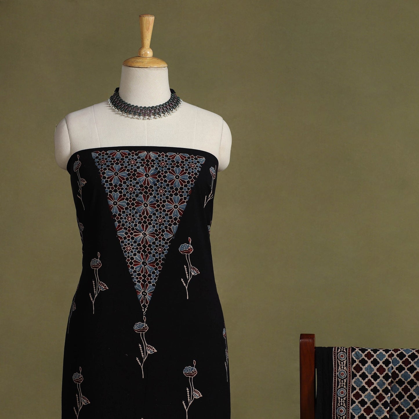Black 2pc Natural Dyed Cotton Block Print Ajrakh Dress Material