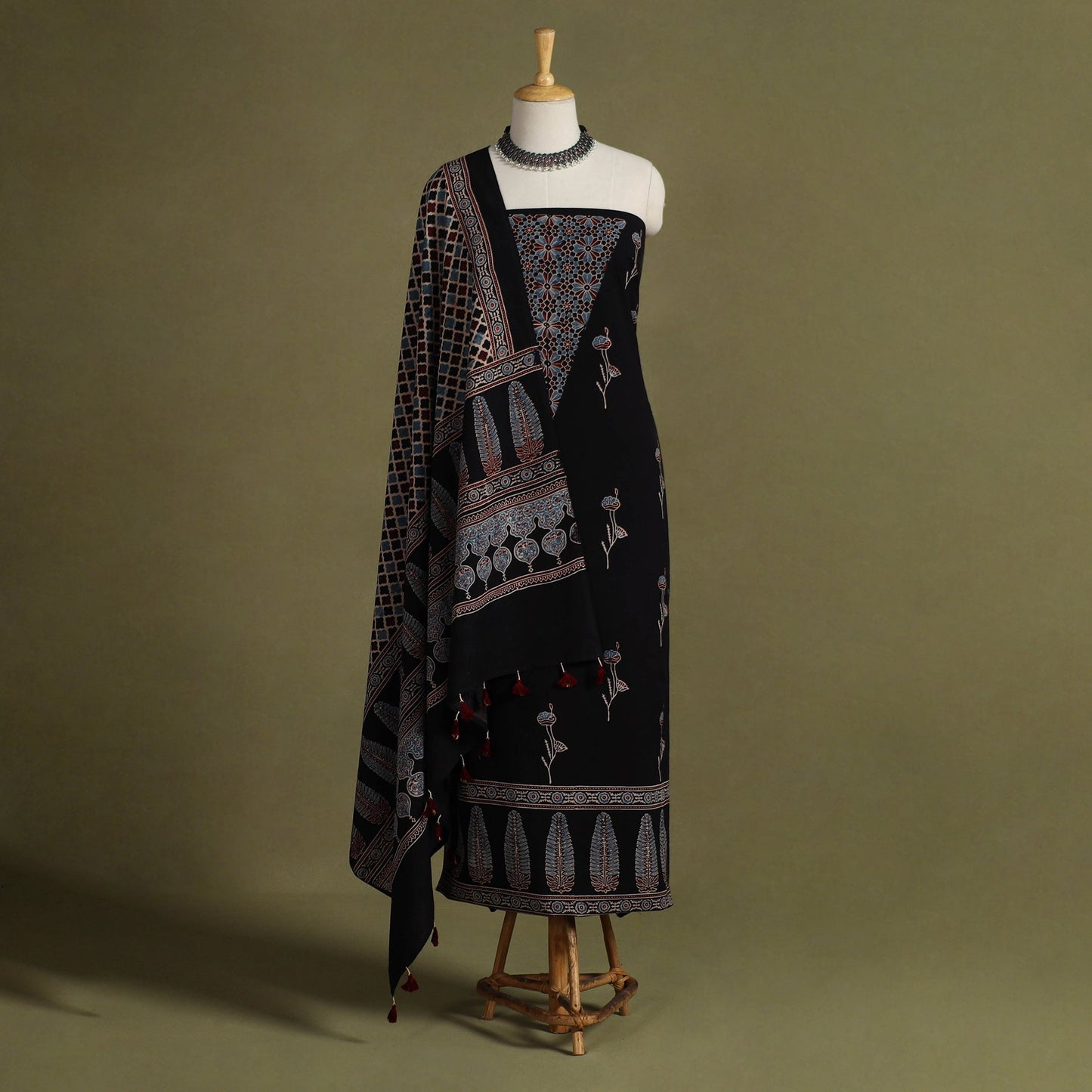Black 2pc Natural Dyed Cotton Block Print Ajrakh Dress Material