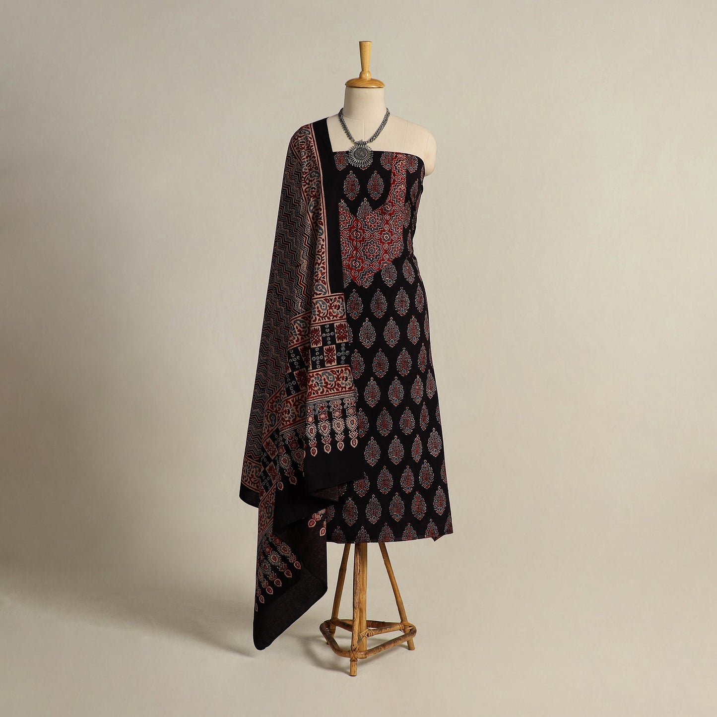 Buy Black 2pc Block Print Natural Dyed Ajrakh Dress Material