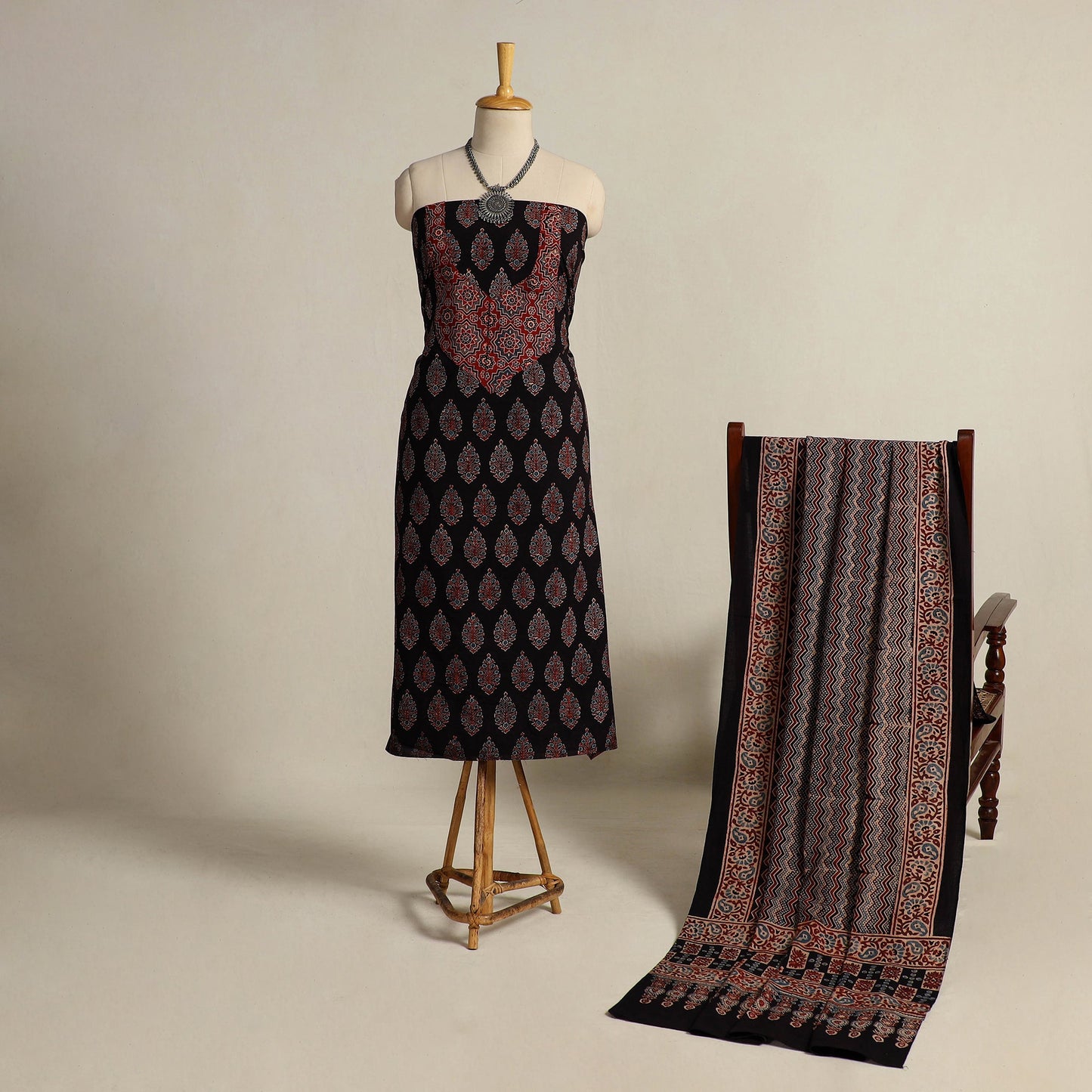 Buy Black 2pc Block Print Natural Dyed Ajrakh Dress Material