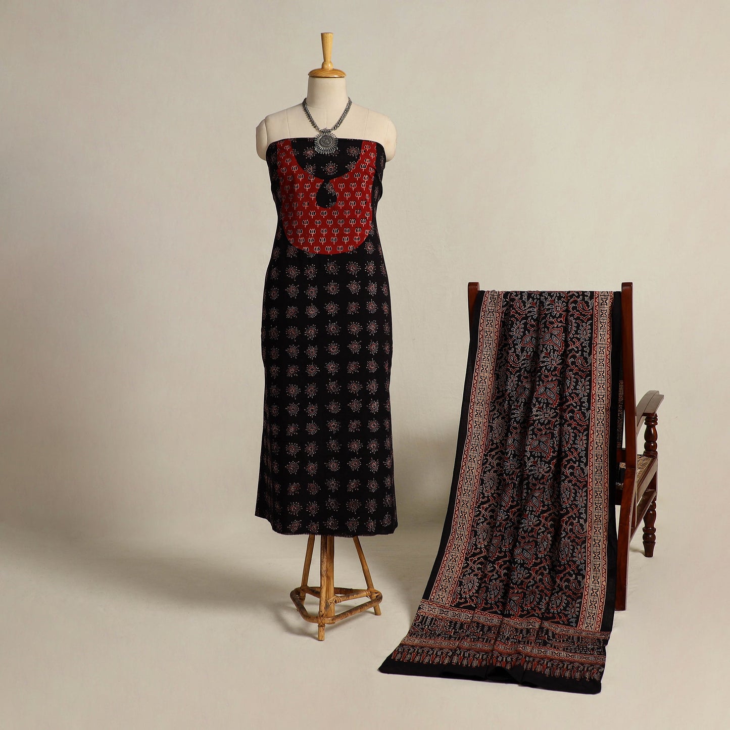  Black 2pc Block Print Natural Dyed Ajrakh Dress Material