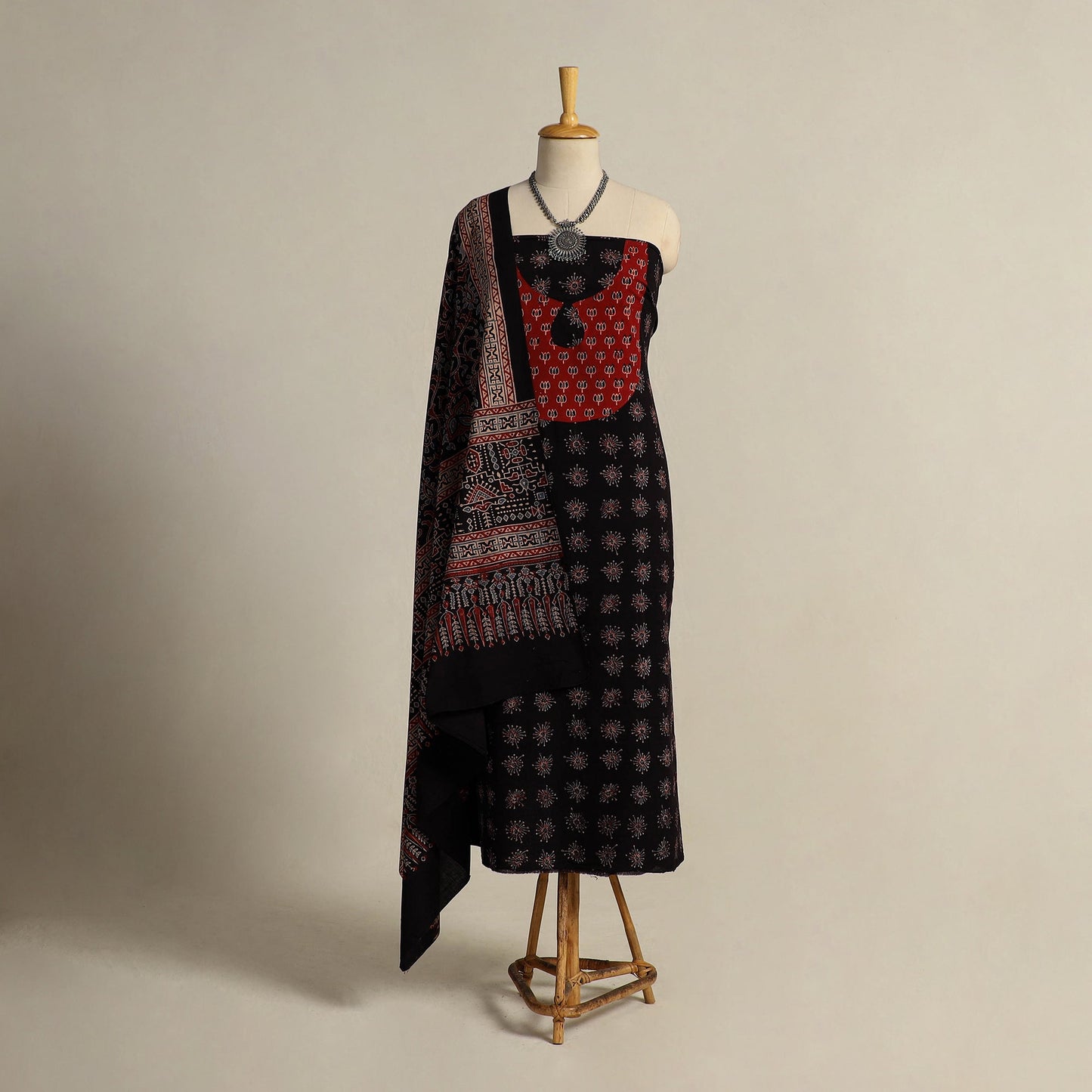  Black 2pc Block Print Natural Dyed Ajrakh Dress Material